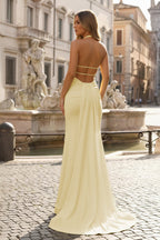 Lemon Satin Mermaid Evening Dress with Halter Neckline and Slit