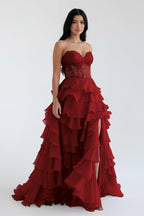Blush Chiffon Evening Dress with Sweetheart Neckline and Ruffles