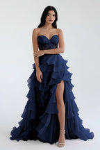 Blush Chiffon Evening Dress with Sweetheart Neckline and Ruffles