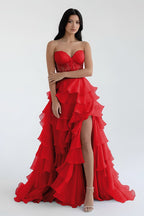 Blush Chiffon Evening Dress with Sweetheart Neckline and Ruffles