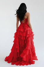 Blush Chiffon Evening Dress with Sweetheart Neckline and Ruffles
