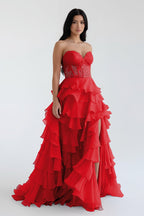Blush Chiffon Evening Dress with Sweetheart Neckline and Ruffles