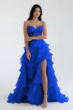 Blush Chiffon Evening Dress with Sweetheart Neckline and Ruffles