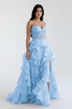 Blush Chiffon Evening Dress with Sweetheart Neckline and Ruffles