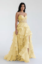 Blush Chiffon Evening Dress with Sweetheart Neckline and Ruffles