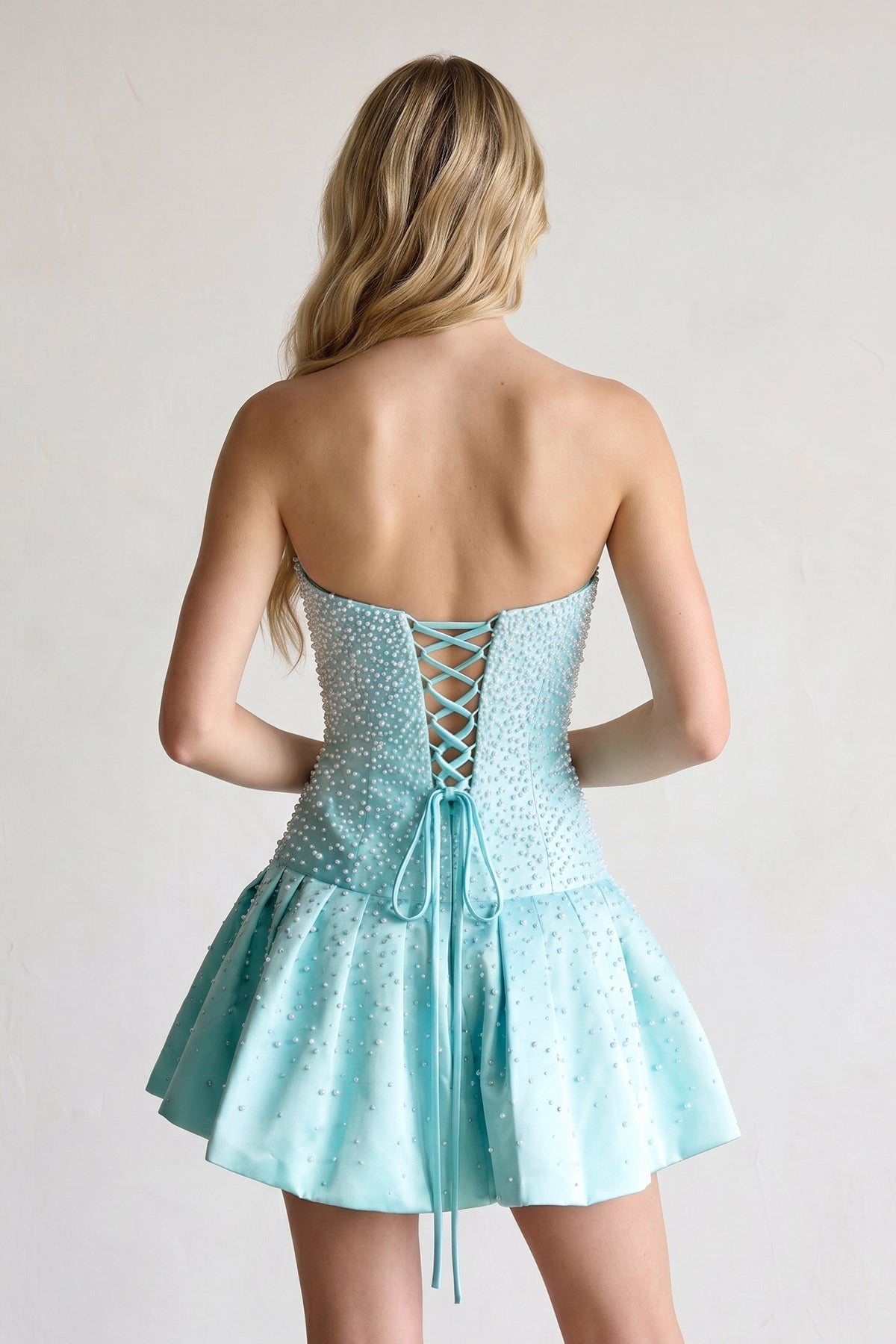 Aqua Pearl A-Line Strapless Satin Homecoming Dress With Lace-up Back