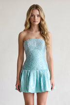 Aqua Pearl A-Line Strapless Satin Homecoming Dress With Lace-up Back