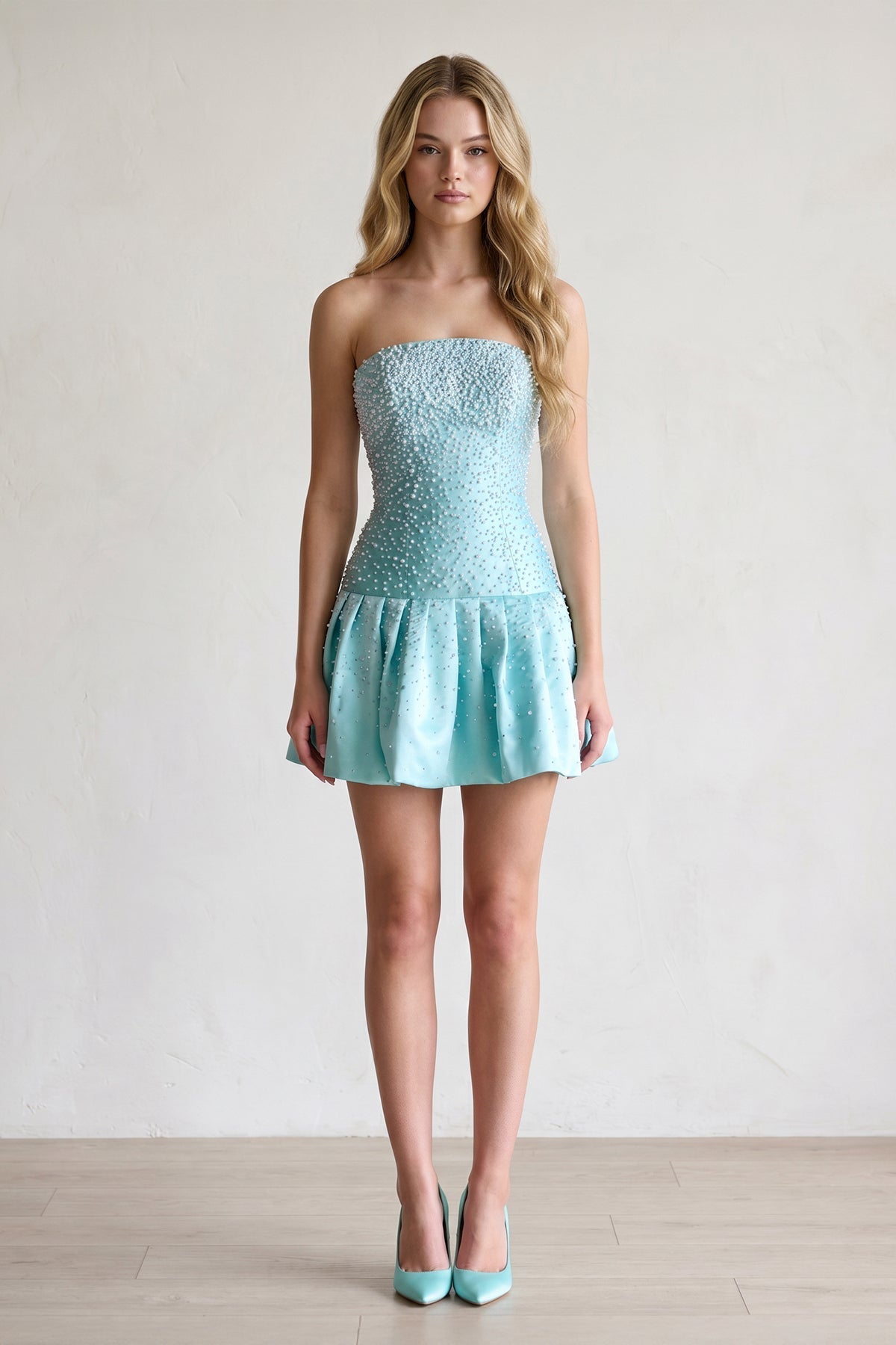Aqua Pearl A-Line Strapless Satin Homecoming Dress With Lace-up Back