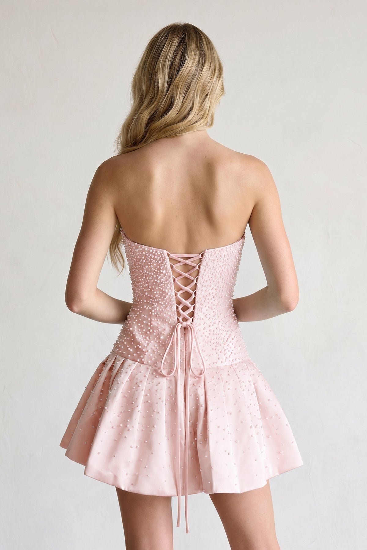 Aqua Pearl A-Line Strapless Satin Homecoming Dress With Lace-up Back