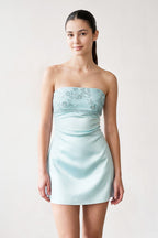Aqua Strapless Appliqued Satin Sheath Homecoming Dress