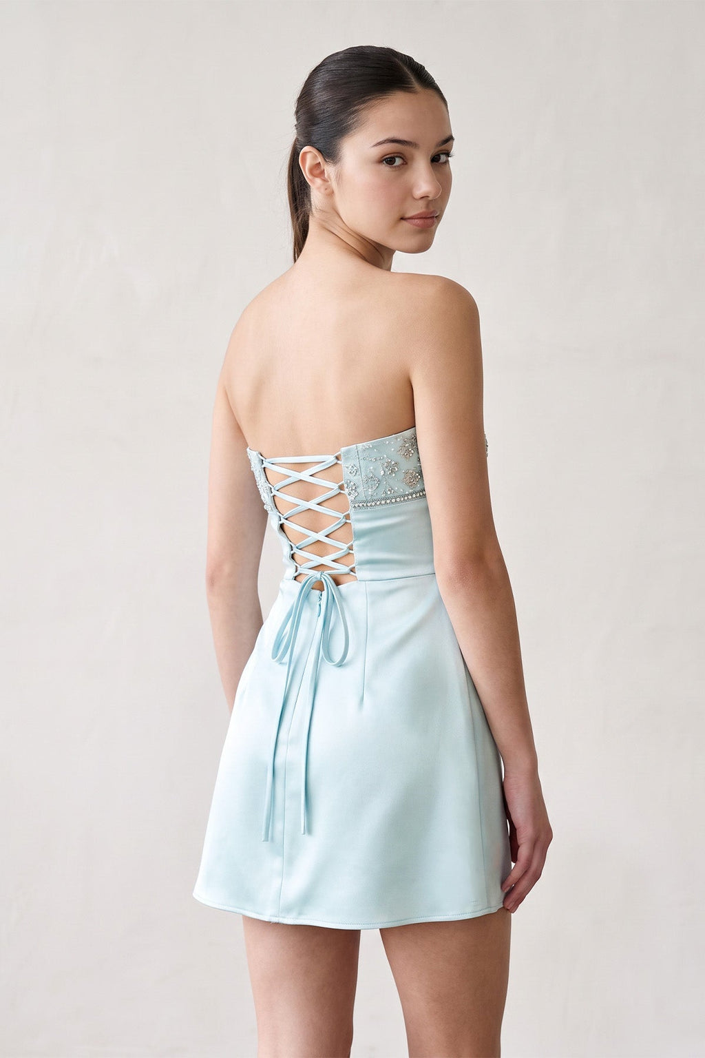 Aqua Strapless Appliqued Satin Sheath Homecoming Dress