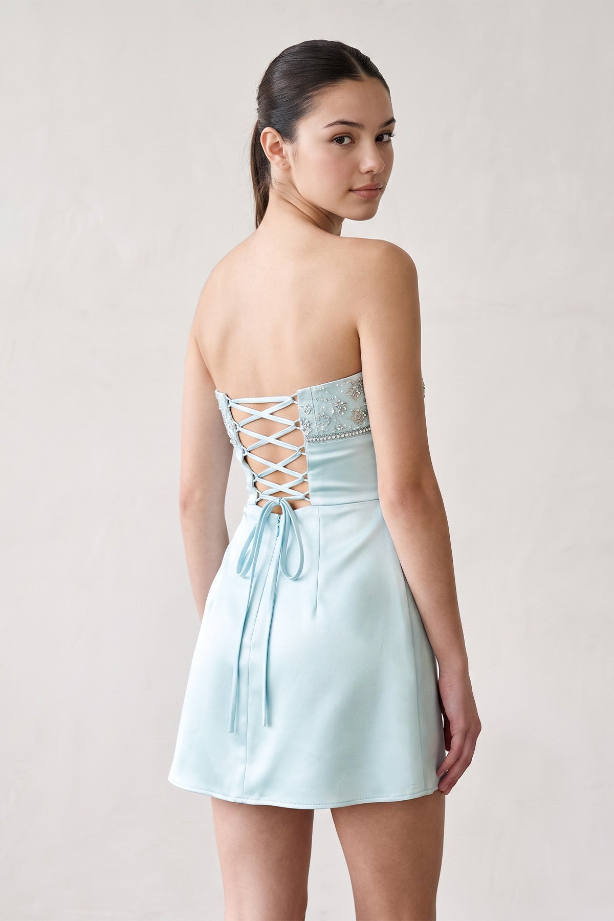 Aqua Strapless Appliqued Satin Sheath Homecoming Dress