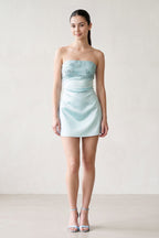 Aqua Strapless Appliqued Satin Sheath Homecoming Dress