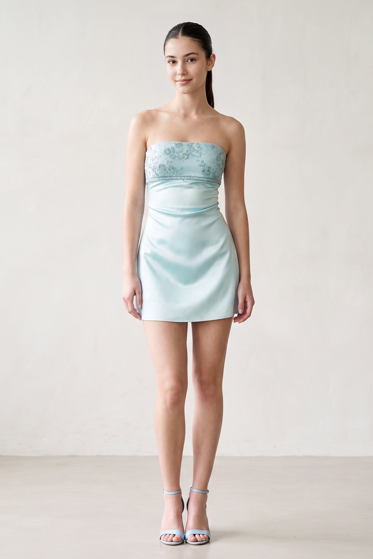 Aqua Strapless Appliqued Satin Sheath Homecoming Dress