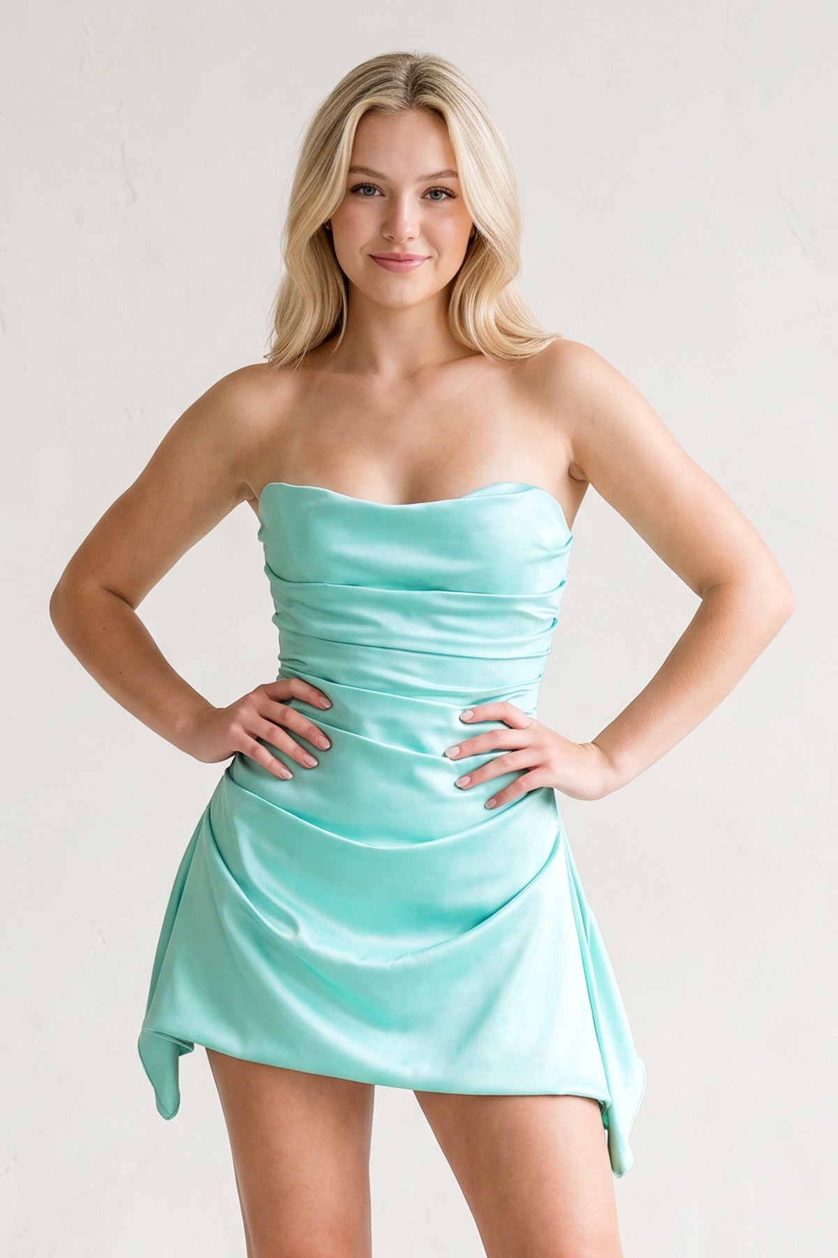 Navy Blue Strapless Sheath Irregular Hem Satin Short Homecoming & Cocktail Dress