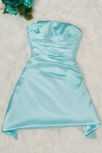 Navy Blue Strapless Sheath Irregular Hem Satin Short Homecoming & Cocktail Dress