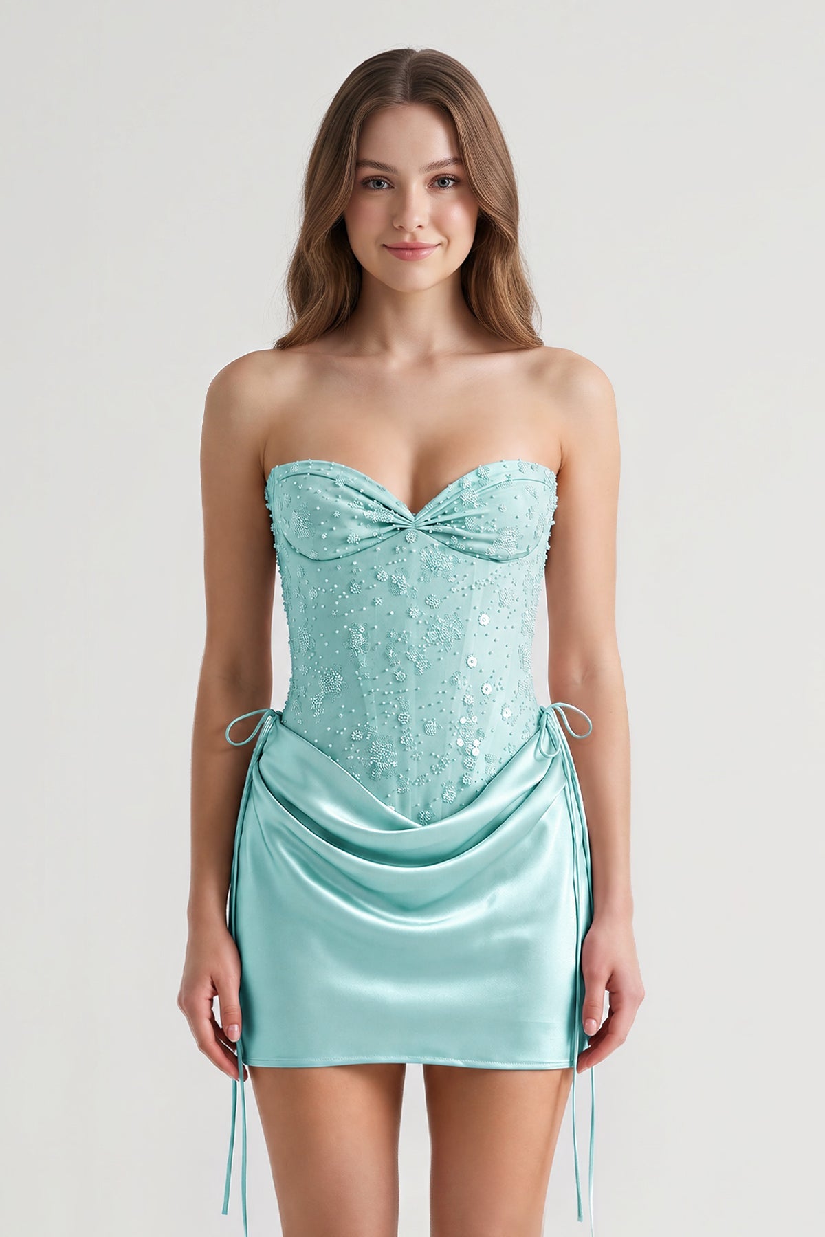 Pink Sweetheart Sheath Corset Ruched Satin Homecoming Dress with Beading