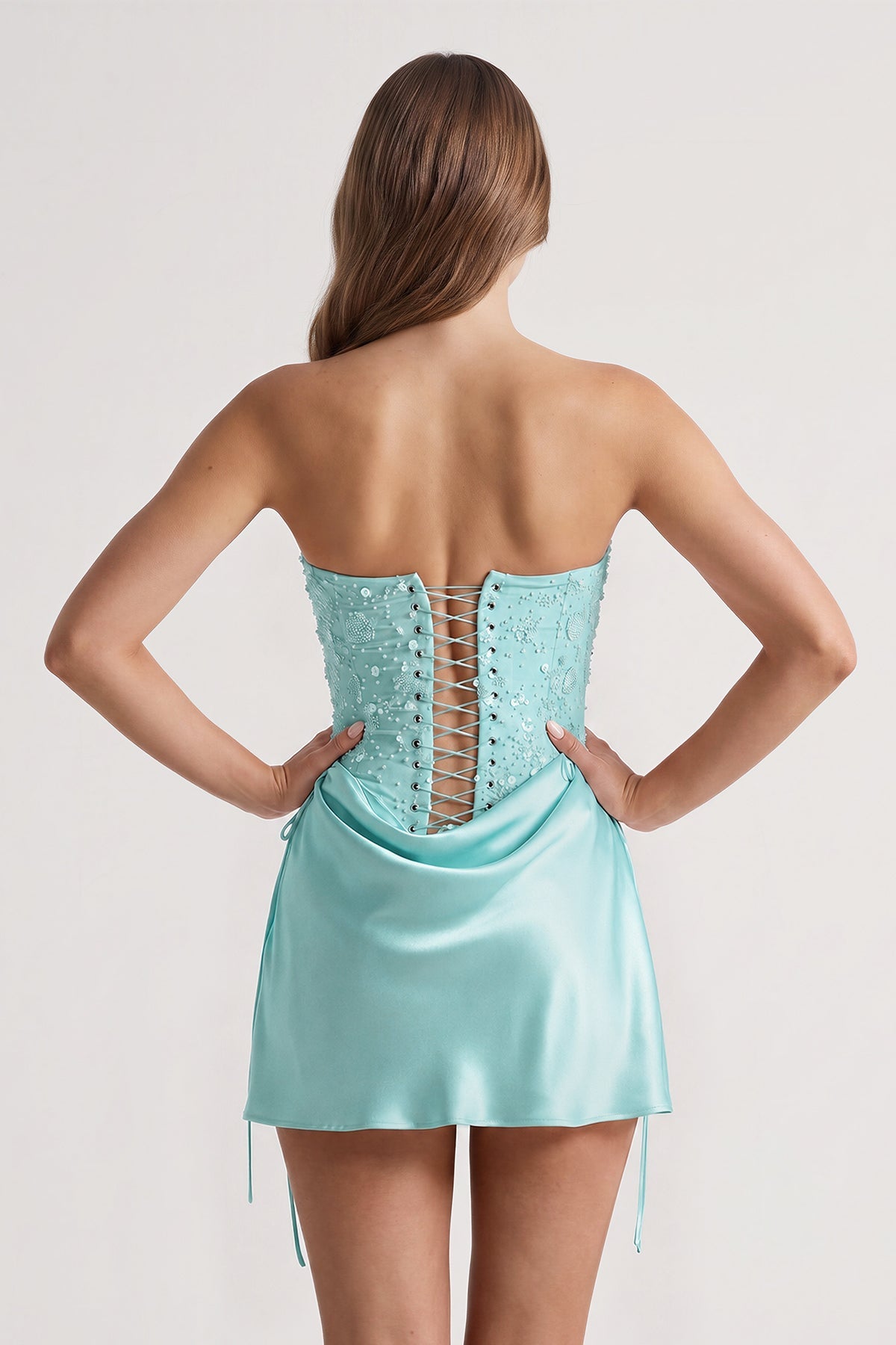 Pink Sweetheart Sheath Corset Ruched Satin Homecoming Dress with Beading