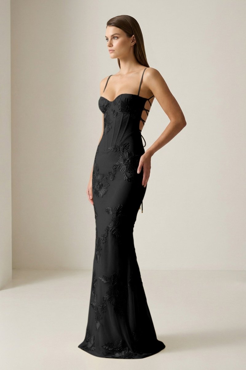 Yellow Spaghetti Straps Sheath Long Formal Prom Gown With Floral Embroidery