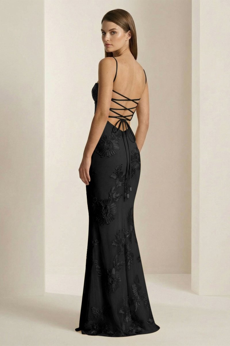 Yellow Spaghetti Straps Sheath Long Formal Prom Gown With Floral Embroidery
