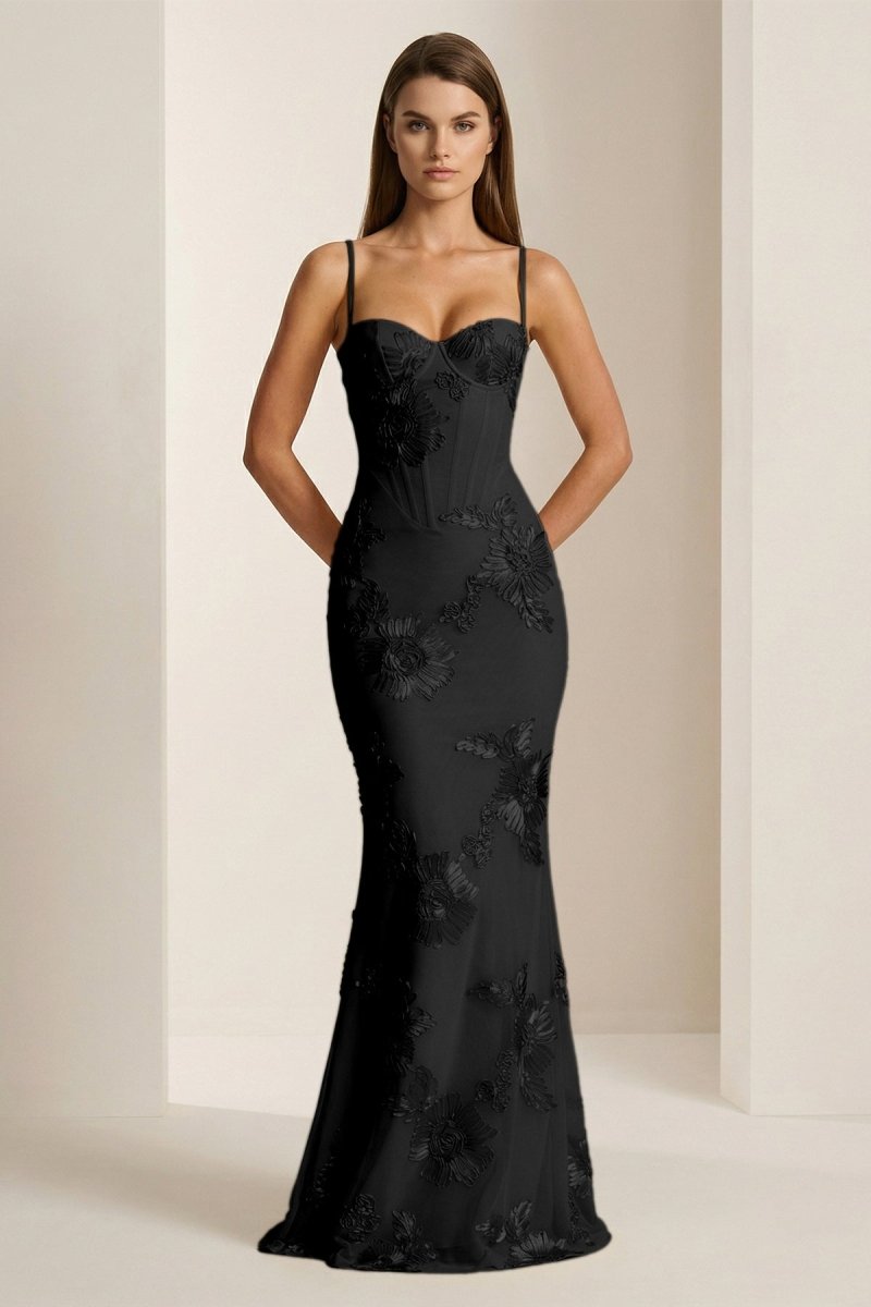 Yellow Spaghetti Straps Sheath Long Formal Prom Gown With Floral Embroidery