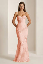 Yellow Spaghetti Straps Sheath Long Formal Prom Gown With Floral Embroidery