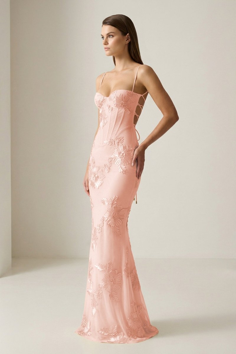 Yellow Spaghetti Straps Sheath Long Formal Prom Gown With Floral Embroidery