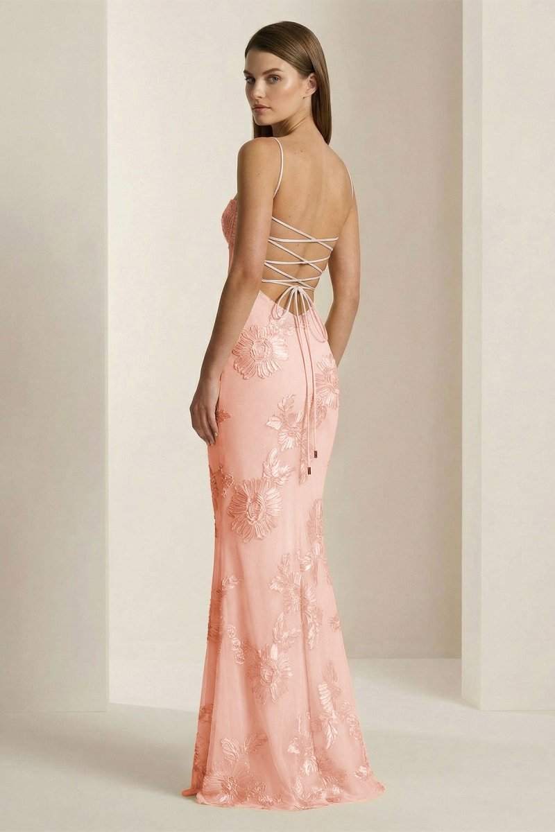 Yellow Spaghetti Straps Sheath Long Formal Prom Gown With Floral Embroidery