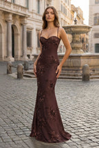 Yellow Spaghetti Straps Sheath Long Formal Prom Gown With Floral Embroidery