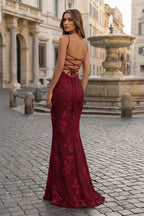 Yellow Spaghetti Straps Sheath Long Formal Prom Gown With Floral Embroidery