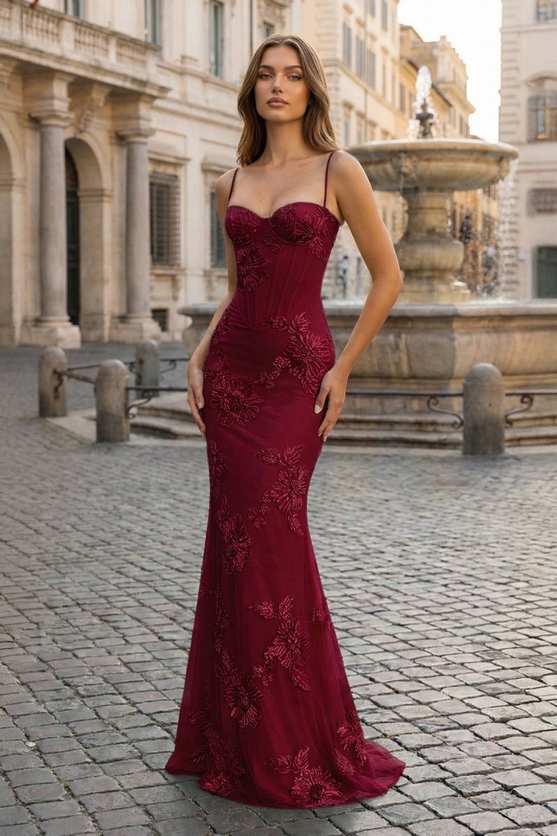 Yellow Spaghetti Straps Sheath Long Formal Prom Gown With Floral Embroidery