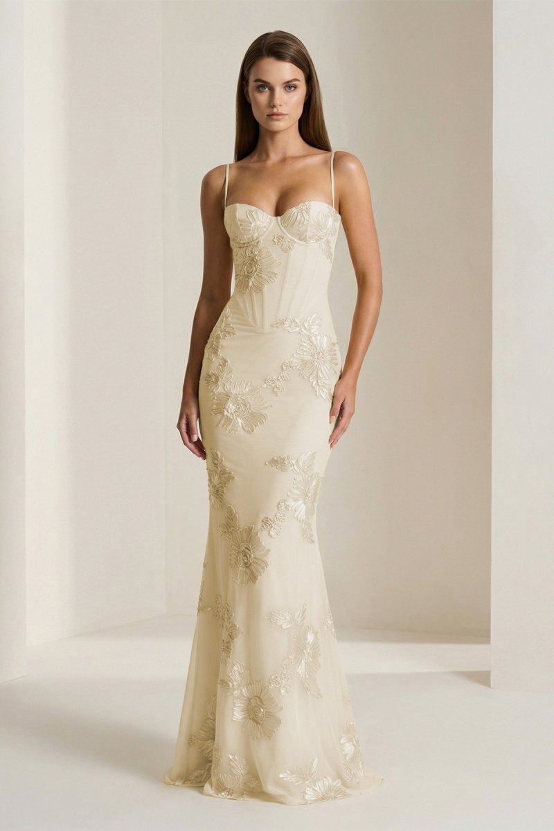 Yellow Spaghetti Straps Sheath Long Formal Prom Gown With Floral Embroidery