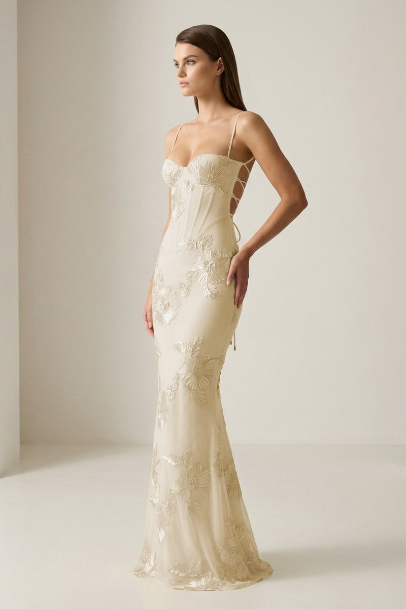 Yellow Spaghetti Straps Sheath Long Formal Prom Gown With Floral Embroidery