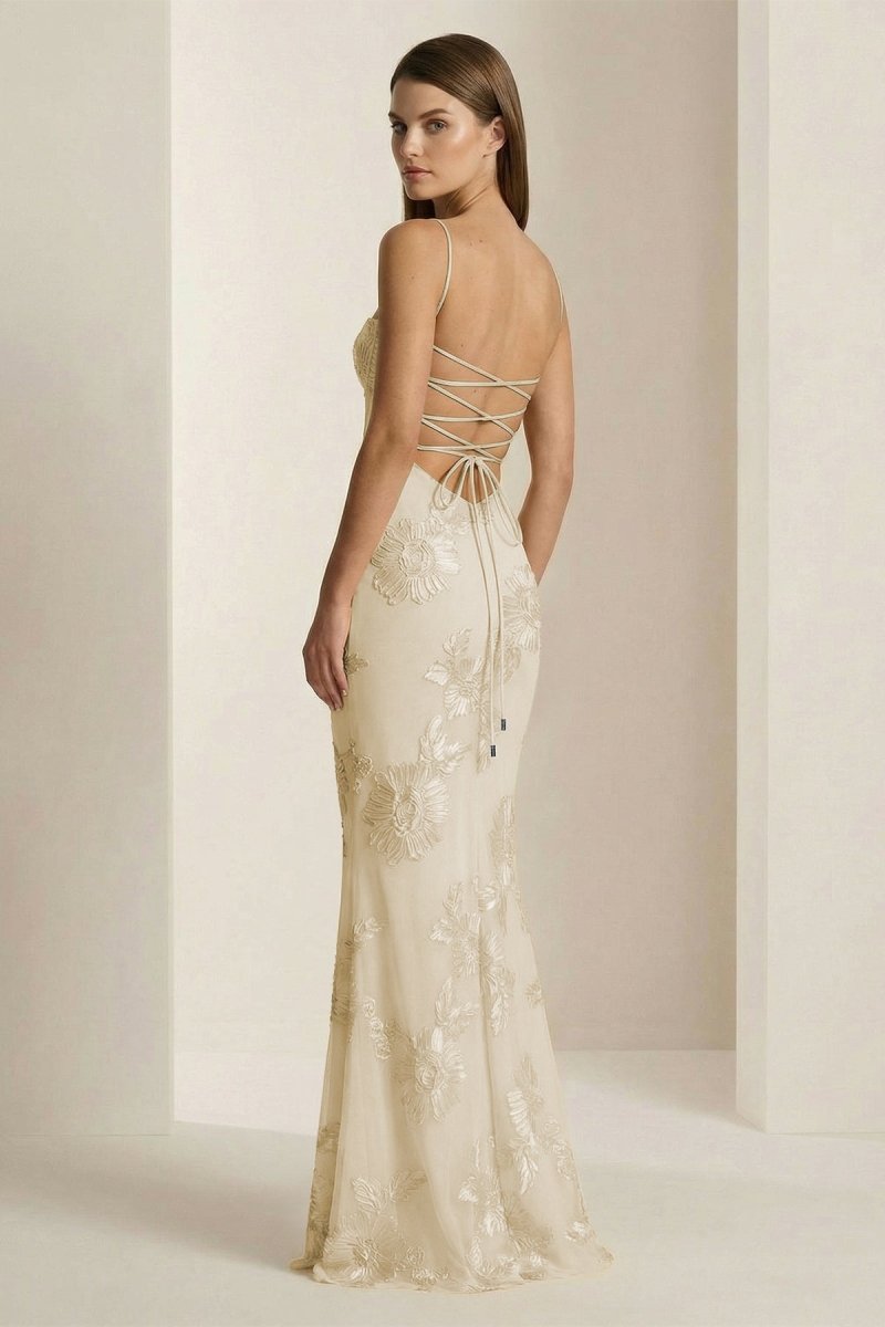 Yellow Spaghetti Straps Sheath Long Formal Prom Gown With Floral Embroidery