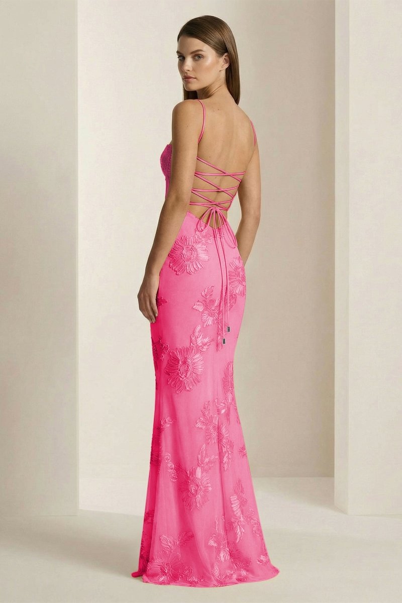 Yellow Spaghetti Straps Sheath Long Formal Prom Gown With Floral Embroidery
