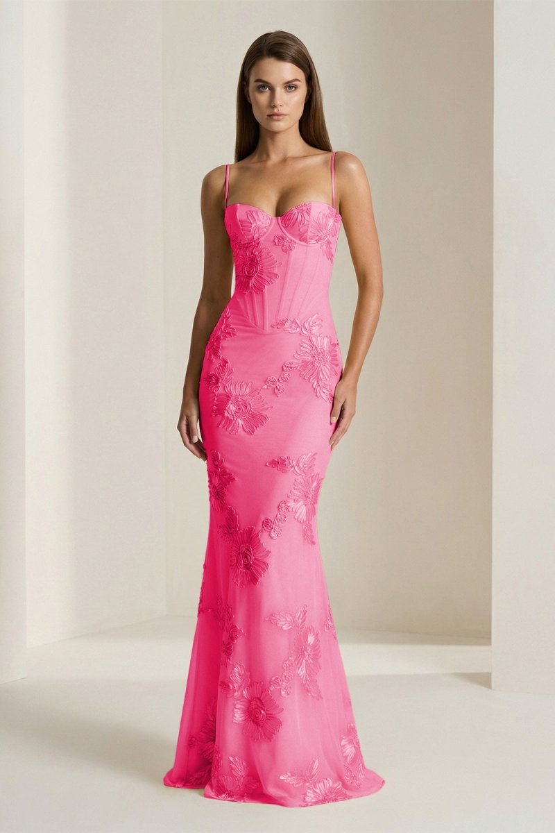 Yellow Spaghetti Straps Sheath Long Formal Prom Gown With Floral Embroidery