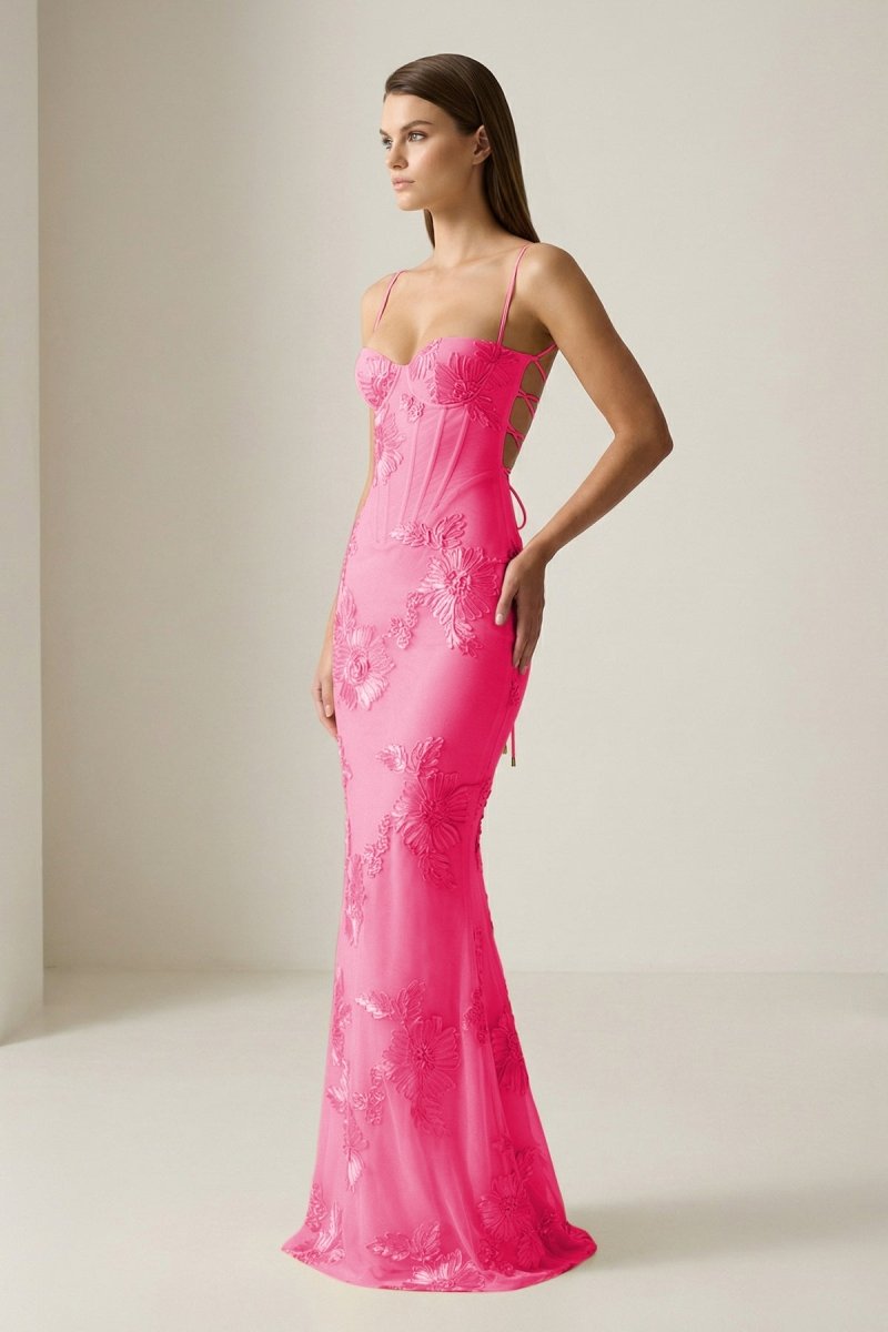 Yellow Spaghetti Straps Sheath Long Formal Prom Gown With Floral Embroidery