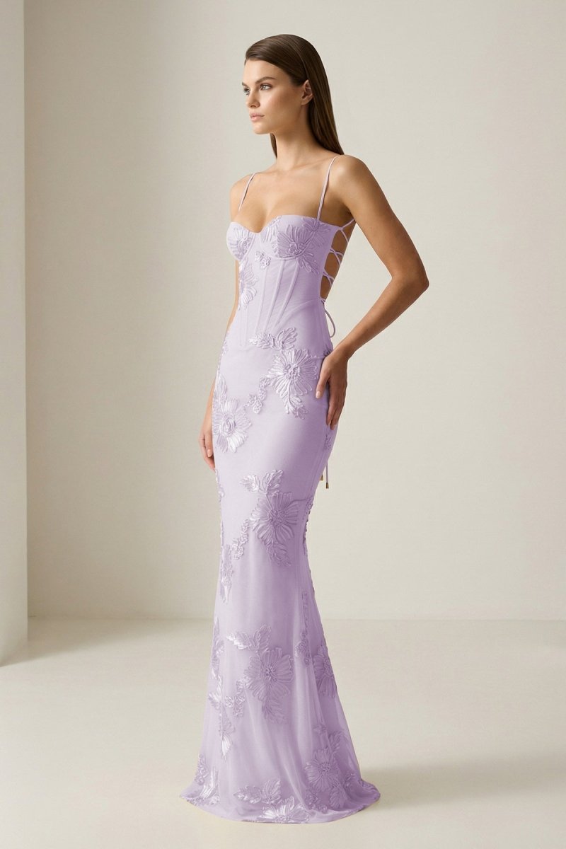 Yellow Spaghetti Straps Sheath Long Formal Prom Gown With Floral Embroidery