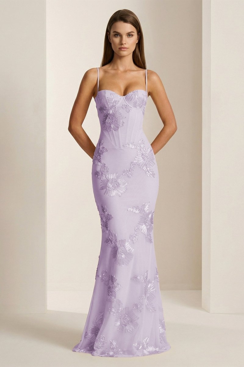 Yellow Spaghetti Straps Sheath Long Formal Prom Gown With Floral Embroidery