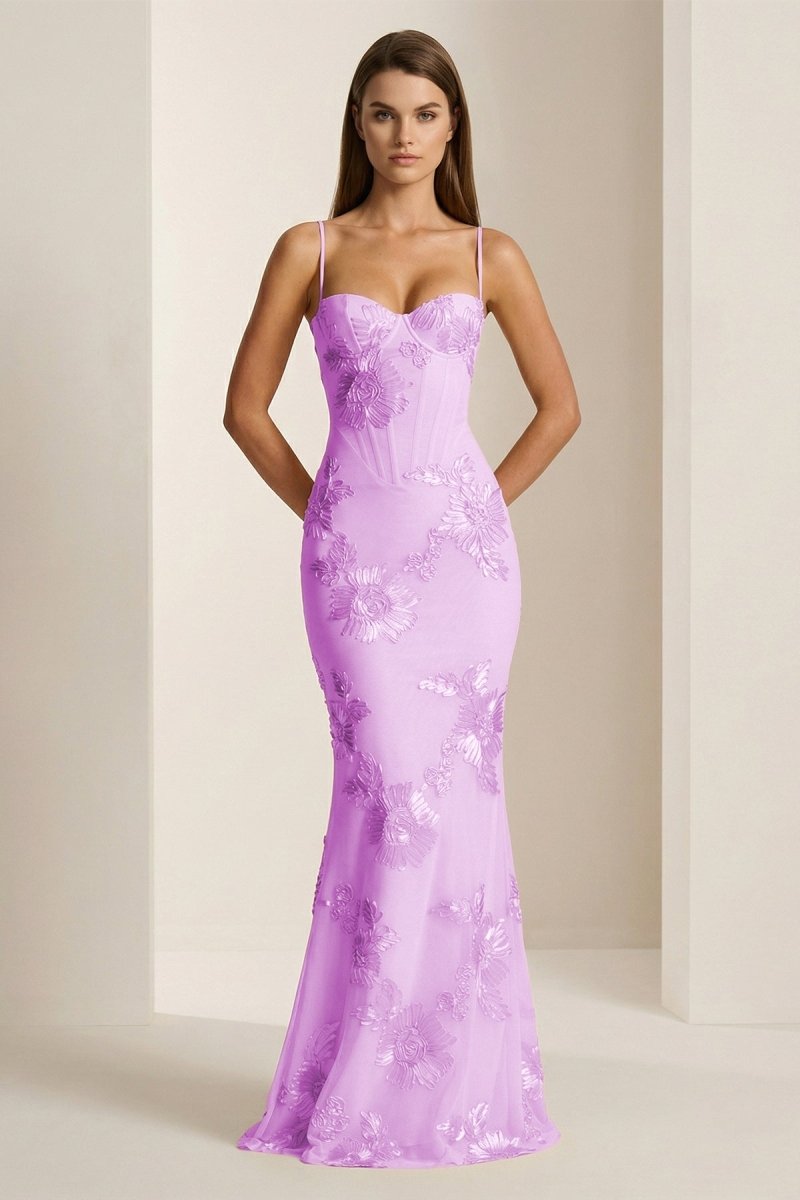 Yellow Spaghetti Straps Sheath Long Formal Prom Gown With Floral Embroidery