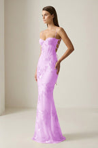 Yellow Spaghetti Straps Sheath Long Formal Prom Gown With Floral Embroidery