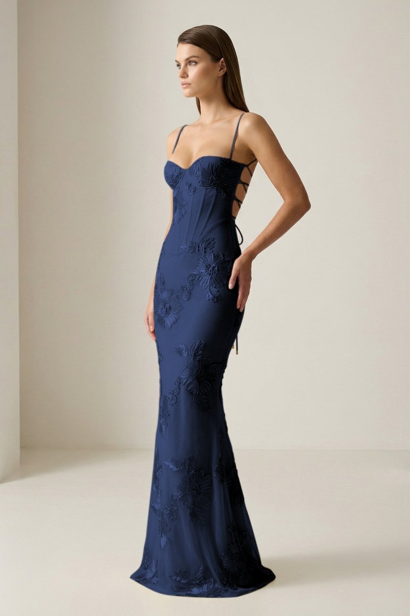 Yellow Spaghetti Straps Sheath Long Formal Prom Gown With Floral Embroidery