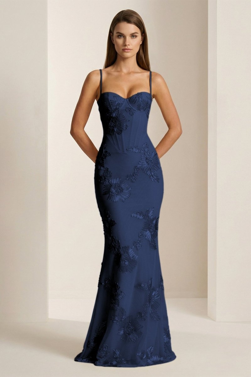 Yellow Spaghetti Straps Sheath Long Formal Prom Gown With Floral Embroidery