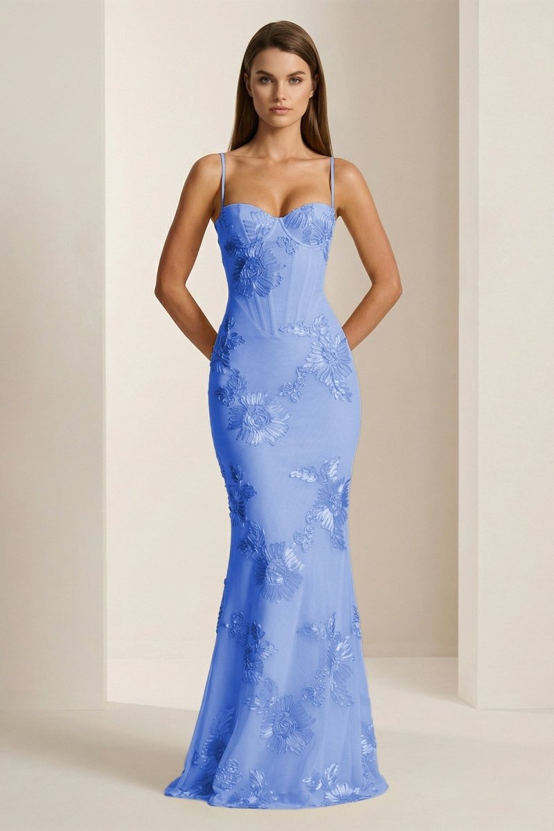 Yellow Spaghetti Straps Sheath Long Formal Prom Gown With Floral Embroidery