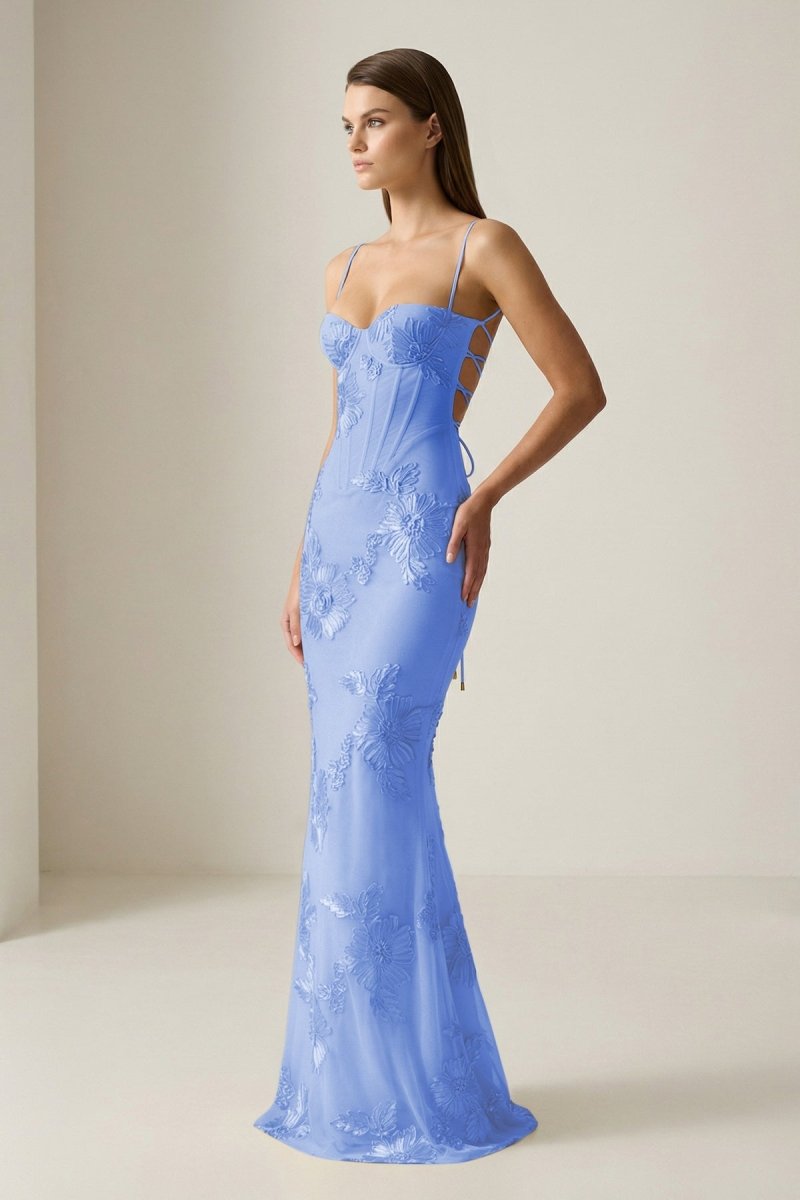 Yellow Spaghetti Straps Sheath Long Formal Prom Gown With Floral Embroidery