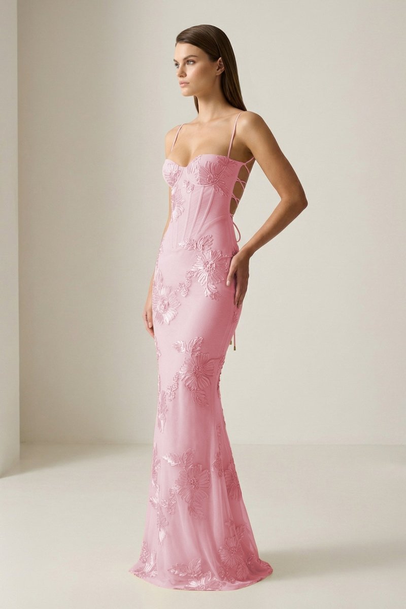 Yellow Spaghetti Straps Sheath Long Formal Prom Gown With Floral Embroidery