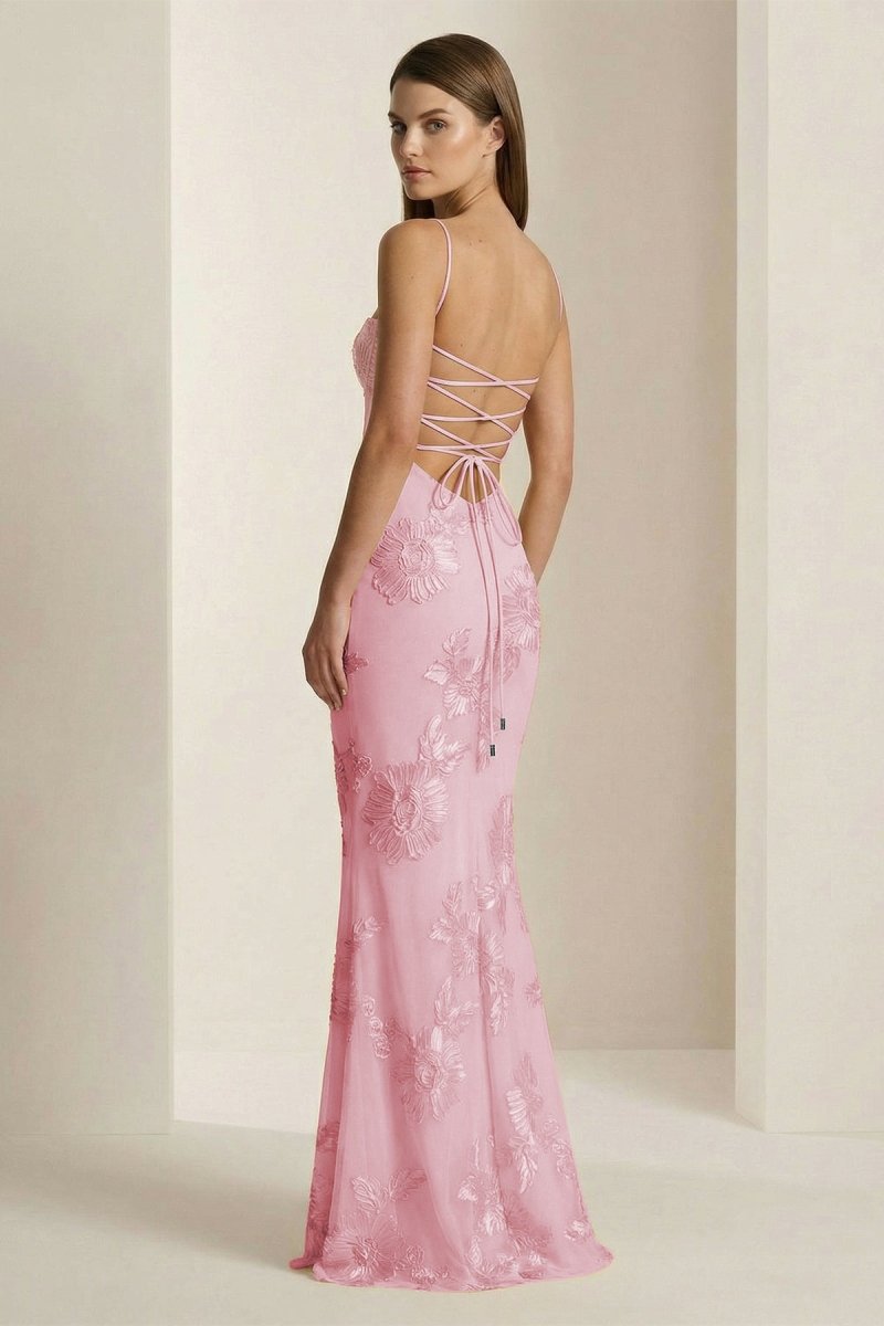 Yellow Spaghetti Straps Sheath Long Formal Prom Gown With Floral Embroidery
