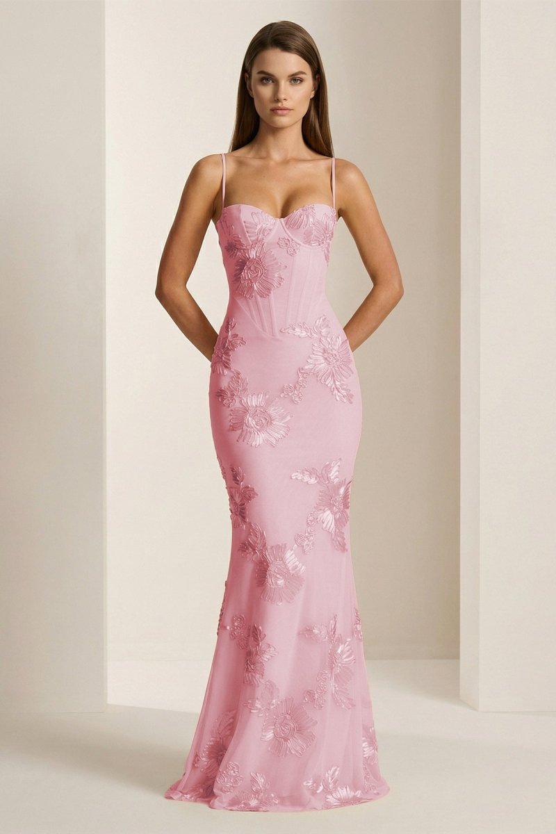 Yellow Spaghetti Straps Sheath Long Formal Prom Gown With Floral Embroidery
