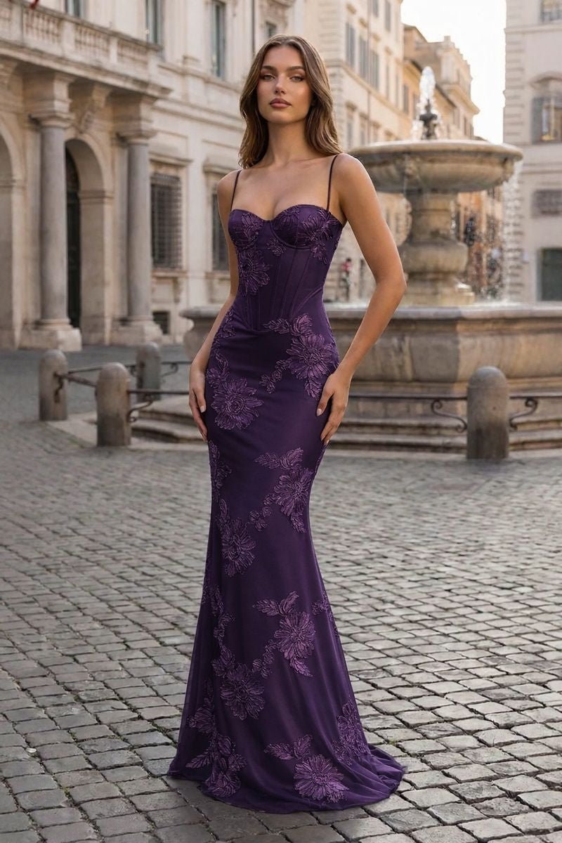 Yellow Spaghetti Straps Sheath Long Formal Prom Gown With Floral Embroidery