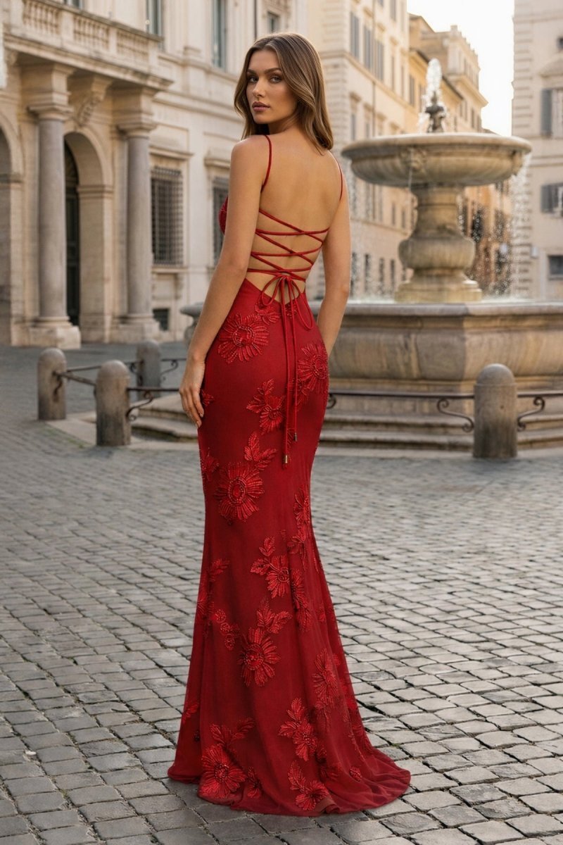 Yellow Spaghetti Straps Sheath Long Formal Prom Gown With Floral Embroidery